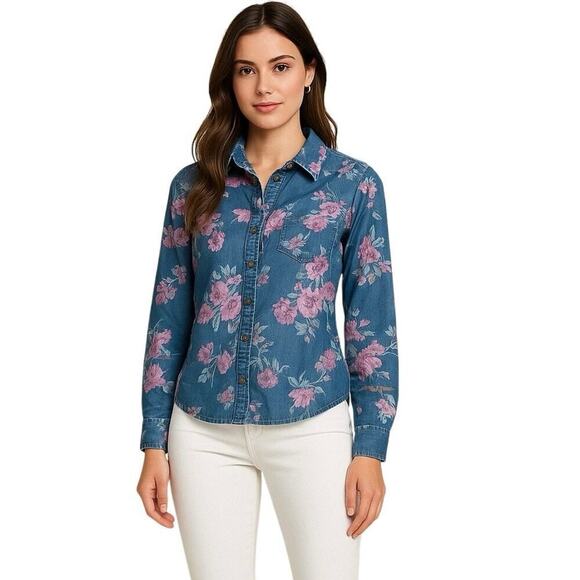 GUESS Tops - Guess Denim Floral Button Front Shirt Blue Pink Flowers Size Large100% Cotton